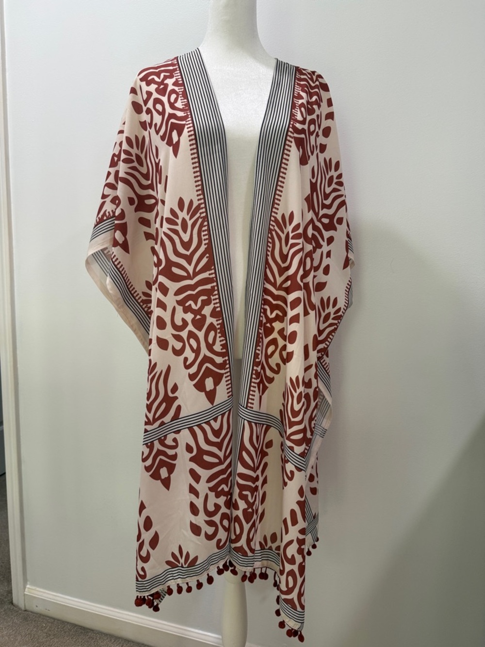 Boho Pom-Trim Open Kimono in Cream and Rust